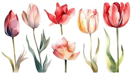 set of watercolor tulip plants, generative ai