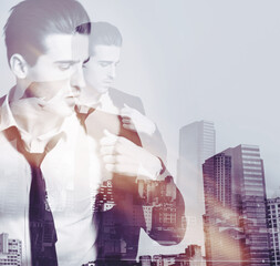 Businessman, city double exposure and luxury suit with monochrome and art deco overlay. Buildings, formal fashion and worker with success of person with skyline and black and white effect