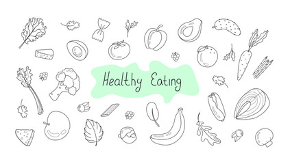 Vector illustration set of healthy food in doodle style.