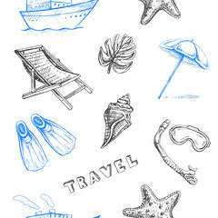 Hand drawn sketch seamless  pattern with  travel and sea elements. Sea  Tourism and adventure icons. Сlipart with travelling elements:  seashells, beach, diving equipment.