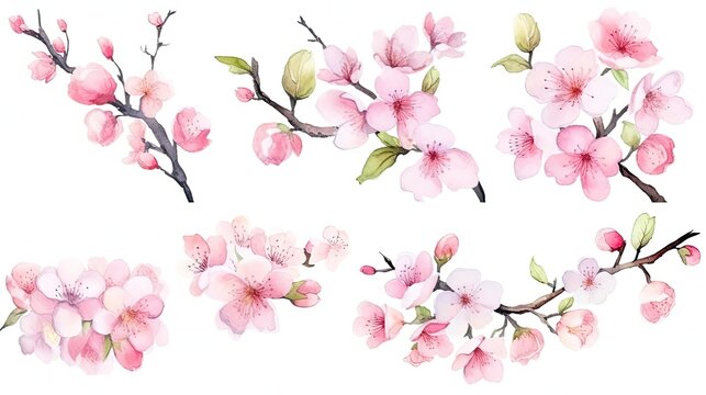 set of watercolor cherry blossoms, generative a