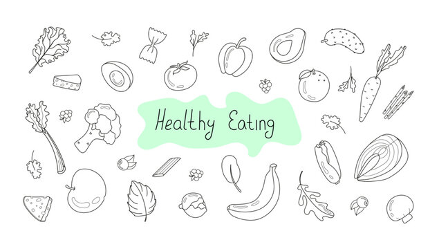 Vector illustration set of healthy food in doodle style.