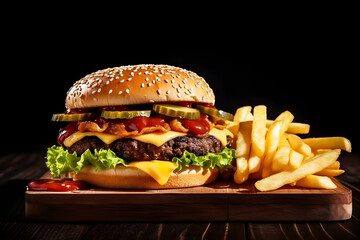 Delicious juicy homemade cheeseburger with fries on the side. Created with generative AI technology