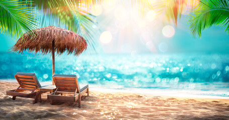 Deckchairs With Parasol With Leaves Palm In Tropical Beach With Sunny Sand And Ocean - Abstract...
