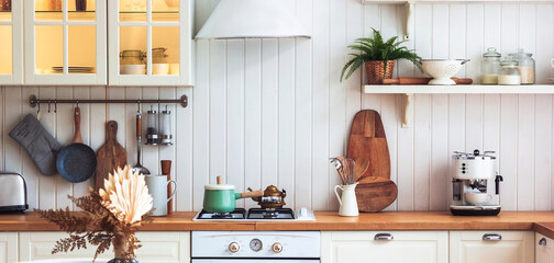 Kitchen scandi interior banner. Interior style is cosy and scandinavian.