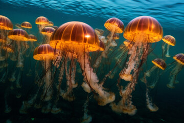 Fototapeta na wymiar Common jellyfish in aquarium lit by blue light. High quality photo Generative AI