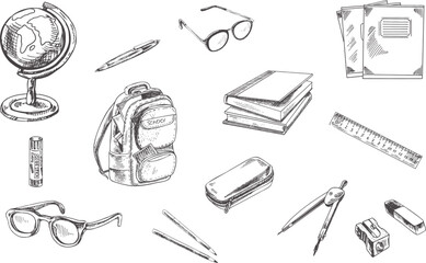 Back to School. Hand drawn Illustration isolated on white background. Vector set of school items. School illustration..