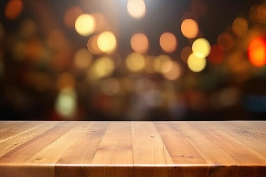 Empty wooden table and bar or restaurant bokeh background for product presentation. Generative AI.
