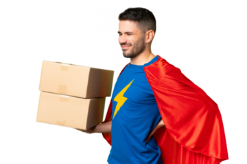 Super Hero delivery caucasian man over isolated chroma key background suffering from backache for having made an effort