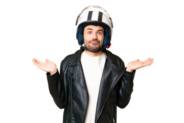 Young caucasian man with a motorcycle helmet over isolated chroma key background having doubts...