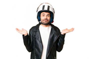 Young caucasian man with a motorcycle helmet over isolated chroma key background having doubts while raising hands