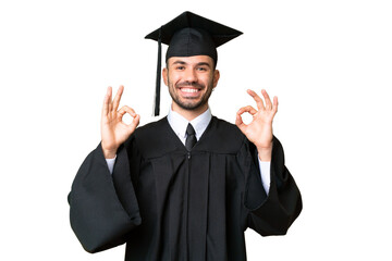 Young university graduate man over isolated chroma key background showing an ok sign with fingers