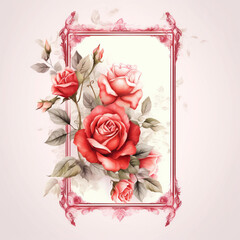 Blank white card in the center, surrounded by rose flowersa and petals, white background top view, AI Generated