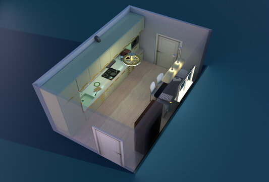 3D render of modern large luxury apartment. The open plan kitchen is furnished with the light wood of the house. Modern luxury studio apartment. Mint glossy facade. LED lighting under cabinet. 