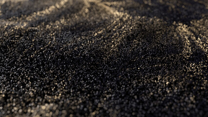 Golden glitter dust background. Golden pearls. Golden loosened sand on ground.