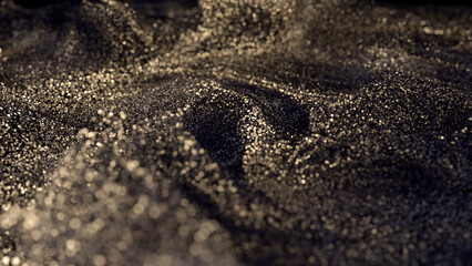 Golden glitter dust background. Golden pearls. Golden loosened sand on ground.