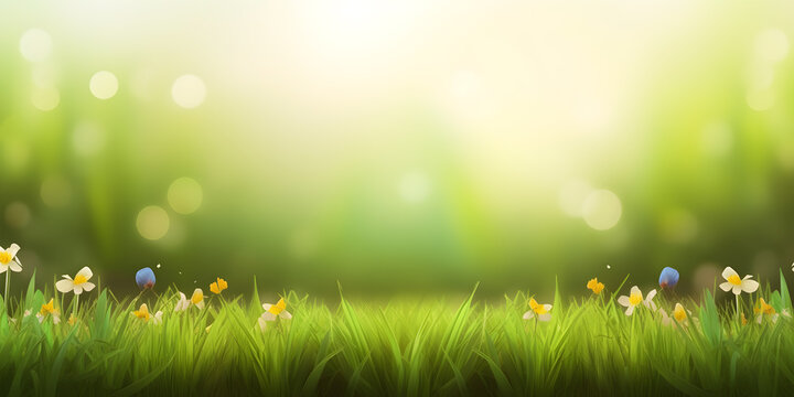 Beautiful meadow field with fresh grass and flowers in nature against a blurry green background with sun rays. Summer spring perfect natural landscape. Generative AI.