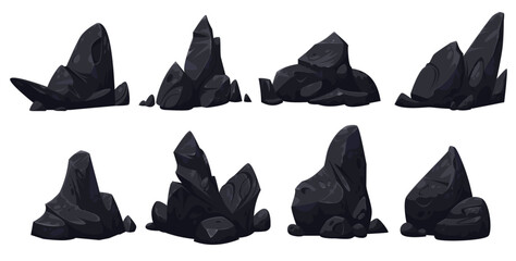 Hand-drawn set of vector gray stones of different shapes on a white background for games, animation or other graphic products.