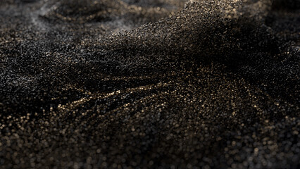 Golden glitter dust background. Golden pearls. Golden loosened sand on ground.