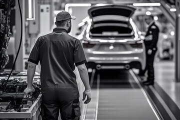 Car Factory Automated Conveyor Robot Assembly Line. Generative AI