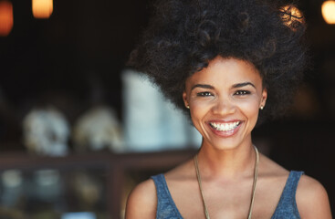 Restaurant portrait, happy and cafe woman, small business owner or manager happiness for retail...