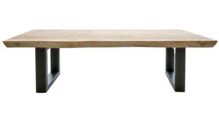 Nowoczesny stół, drewniany gruby blat i czarne metalowe nogi, transparentne tło.