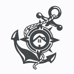 Anchor logo in flat vector style. Anchor with a house in vector.