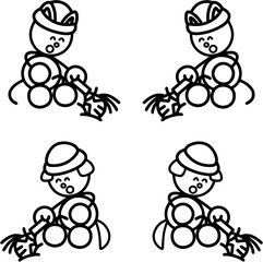 潮干狩りをするわんまるとにゃんまるの線画セット　犬　猫