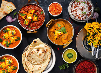 Assorted various Indian food on a dark rustic background. Generated AI