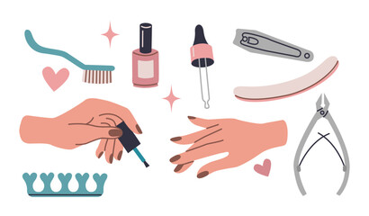 Well-groomed female hands with manicure. Hand applies nail polish. Manicure tool kit. - obrazy, fototapety, plakaty