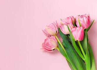 Bouquet of pink tulips on a pink background with copy space. Generated AI