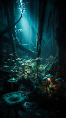 Close-up of small glowing mushrooms in the dark at night, in a fantasy forest