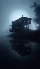 Fototapeta premium Lonely villa by the lake in the forest, foggy weather in the evening