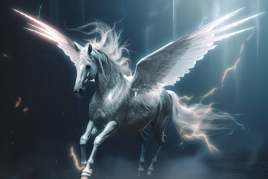 Image of a unicorn horse with light and lightning on a dark background. Wildlife Animals. Illustration, generative AI.