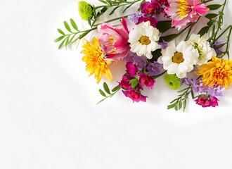 Flowers composition. Colorful flowers on white background. Flat lay, top view, copy space. Generated AI