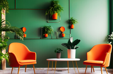 Green living room interior with orange armchairs, coffee table and plants. 3d render. Generated AI