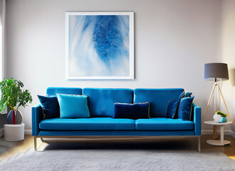 Interior of modern living room with blue sofa. 3d render. Generated AI