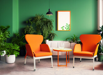 Interior of modern living room with orange armchairs and green wall. 3d render. Generated AI