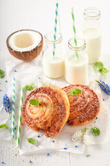 Delicious coconut rolls made of butter. Popular Swedish dessert.