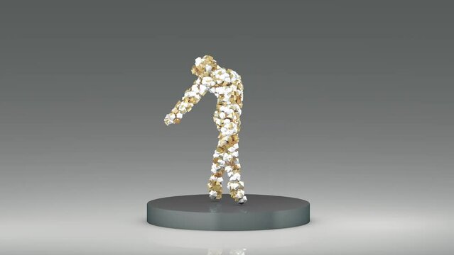 Metal geometric character in dancer pose, animation loop, modern minimal design seamless motion, on gray background. 3D loop animation.