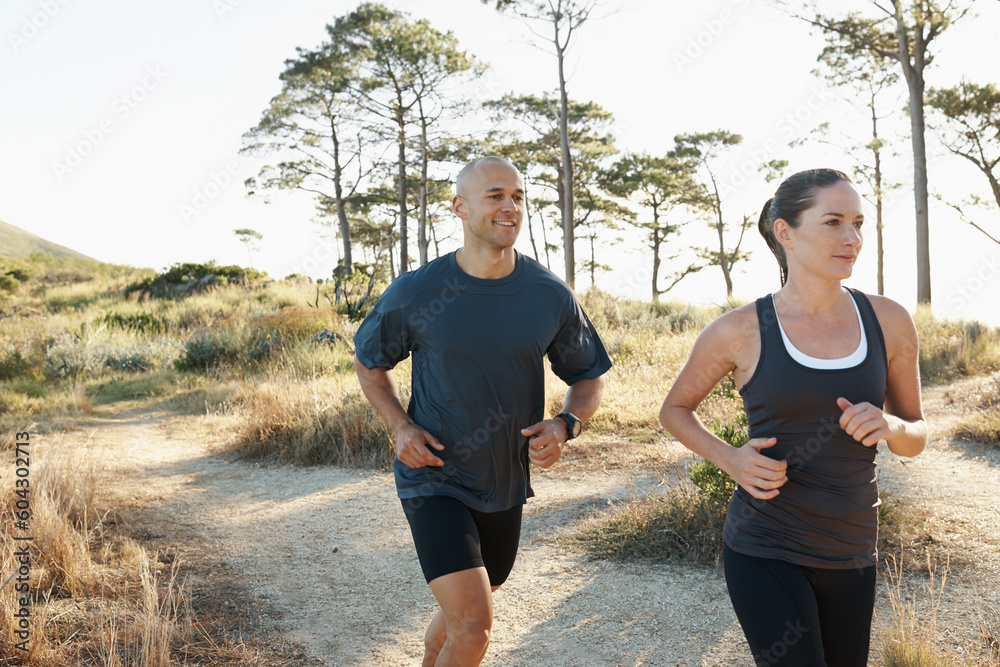 Canvas Prints Forest, fitness and running couple training, workout and doing morning exercise for health and wellness together. Sport, man and woman runner run with athlete on a mountain for sports or energy