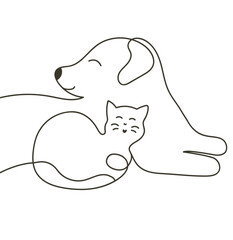 Cute funny cat and dog. Outline line art. Logo, vector illustration