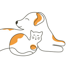 Cute funny cat and dog. Outline line art. Logo, vector illustration