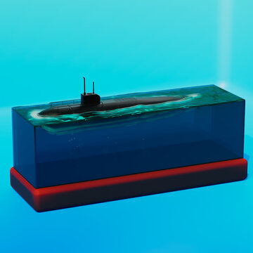 3d-illustration: black military submarine. Underwater deadly weapon. Streamlined hull designed warship to operate completely submerged in the sea, with a periscope and armed with torpedoes or missiles