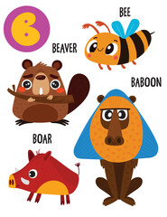 English alphabet with cute animals vector illustrations set. Funny cartoon animals: beaver, baboon, boar, bee. Alphabet design in a colorful style.
