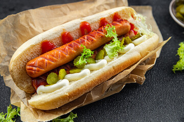 hot dog sandwich bun, sausage, gherkin, ketchup, mayonnaise fast food meal food snack on the table copy space food background rustic top view