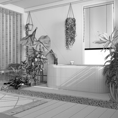 Blueprint unfinished project draft, biophilia interior design, wooden bathroom with many houseplants. Parquet and freestanding bathtub. Urban jungle concept idea