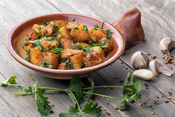 Spicy potato cut in cubes and fried, lebanese cuisine