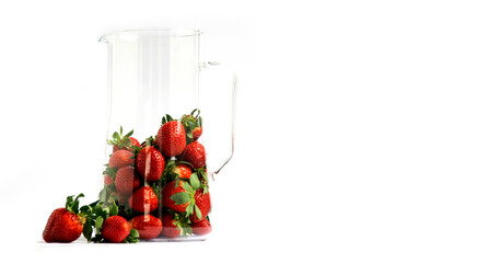 Strawberry. Berry in a glass dish with sun glare. Elegant composition on a white background with space for text.