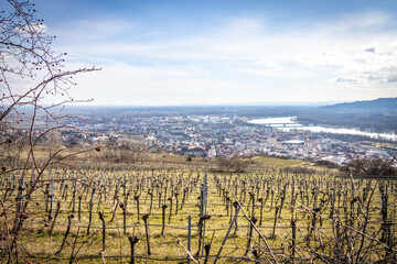 aerial view over krems an der donau and stein, krems, danube, lower austria, austria, wachau, vineyards, wine